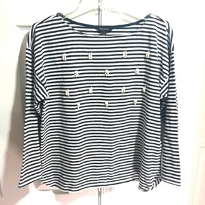Banana Republic 100% Cotton Top Striped Black White Sleeve Beaded Size Large